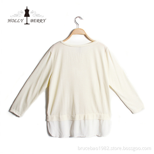 Two Piece Knitted Womens Crew Neck Lace Blouse